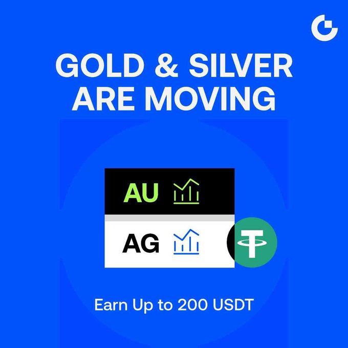 A promotional graphic with a blue background stating 'GOLD & SILVER ARE MOVING' with indicators for 'AU' and 'AG' showing upward trends, and text reading 'Earn Up to 200 USDT' near a Tether logo.