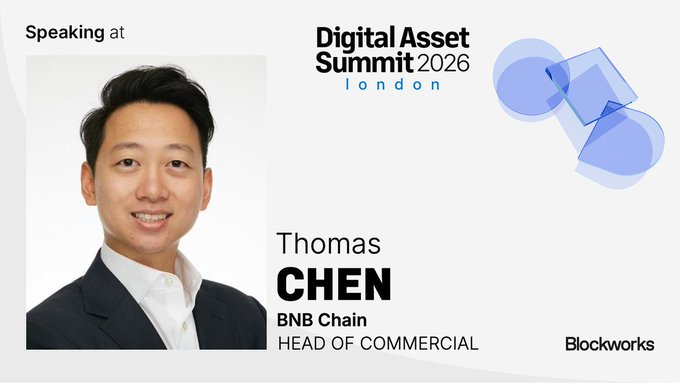 Digital Asset Summit 2026 London speaker announcement for Thomas Chen, Head of Commercial at BNB Chain, by Blockworks.