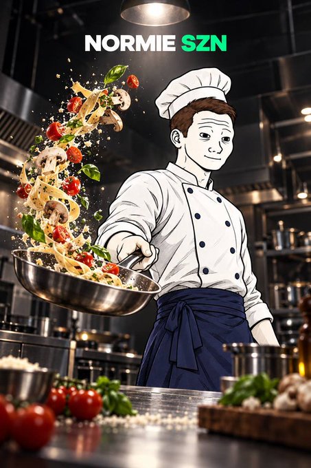 A stylized image of a chef in a white coat and hat tossing pasta and vegetables in a wok, with the text 'NORMIE SZN' displayed at the top.
