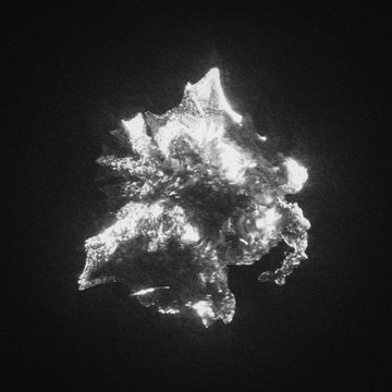 A black and white artistic image of an abstract, luminous cloud-like or crystalline form floating against a dark background.