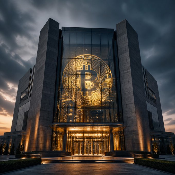 A grand modern building facade at dusk featuring a large, glowing golden Bitcoin logo displayed on a central glass atrium above the entrance.