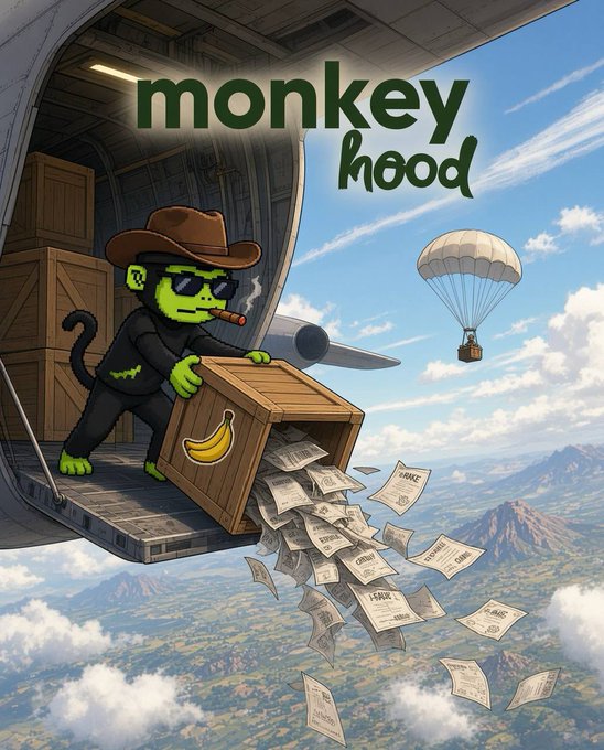An illustration labeled 'monkey hood' shows a green monkey in a cowboy hat and sunglasses pushing a wooden crate of bananas out of an airplane, with papers labeled 'BANANA' scattering into the sky as a parachute descends in the background.