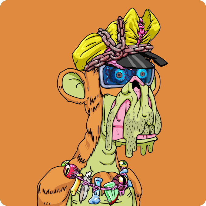 A colorful NFT-style cartoon illustration of a Bored Ape character wearing a yellow beanie, chains, and futuristic blue visor goggles, with a necklace of colorful items, against an orange background.