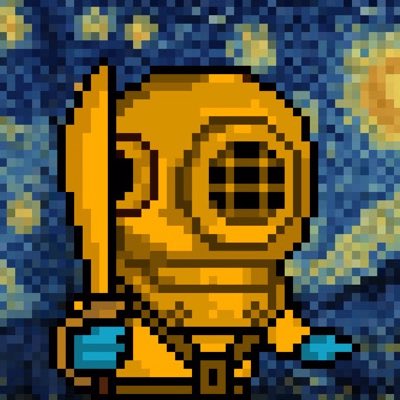 Pixel art depicting an old-fashioned brass deep-sea diver's helmet against a blue background with yellow light rays shining through water.