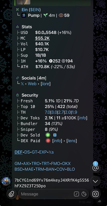 A screenshot of a Telegram bot interface displaying crypto metrics, with the token name 'Ein ($EIN)' shown alongside stats like a USD price of $0.5548, market cap of $55.2K, and various wallet and security statistics.