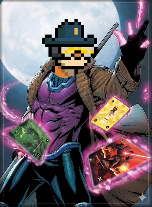 A digital illustration depicts a comic book-style character with a pixelated hat and yellow glasses, wearing a purple top and brown coat, holding up a glowing hand surrounded by floating magical cards against a full moon.