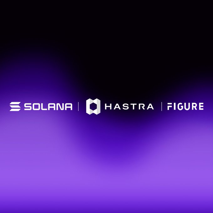 The image features the logos and names of "SOLANA," "HASTRA," and "FIGURE." This visually represents the partners involved in the AUTO launch on Solana, as described in the accompanying post.