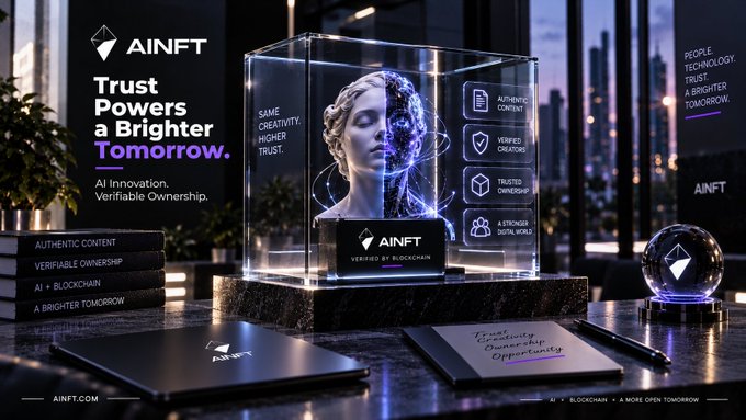 AINFT promotional graphic displaying a glass-encased classical bust on a pedestal with text: 'AINFT, Trust Powers a Brighter Tomorrow, AI Innovation, Verifiable Ownership, AUTHENTIC CONTENT, VERIFIABLE OWNERSHIP, AI + BLOCKCHAIN, A BRIGHTER TOMORROW, Verified by Blockchain.'