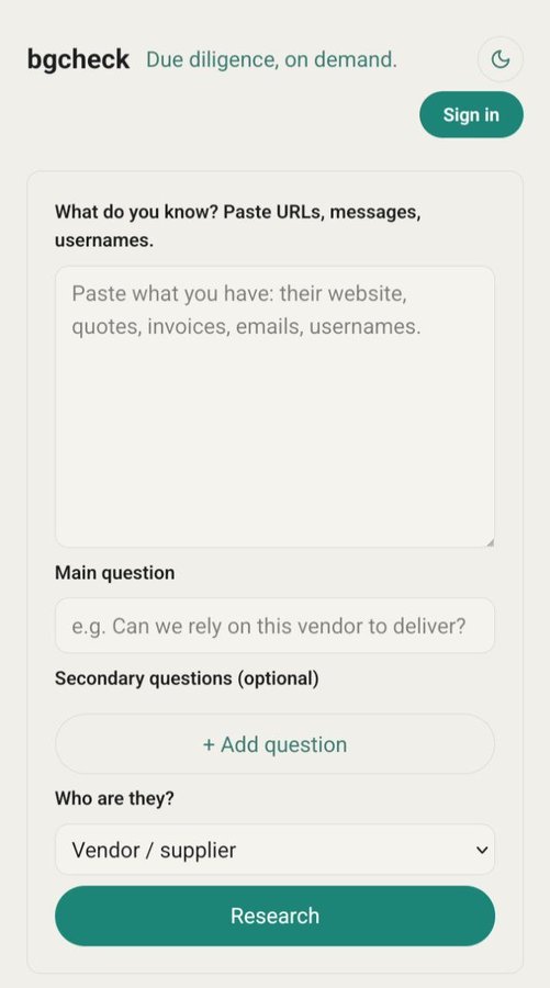 A screenshot of the bgcheck web app ('Due diligence, on demand') with a form prompting users to paste URLs, messages, or usernames, set a main question, add secondary questions, and select who they are researching, with a green Research button.