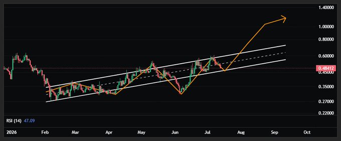 A candlestick chart of $AERO on a 1-day timeframe displays a potential Livermore Accumulation pattern within an ascending channel, with price currently at 0.46412 and RSI (14) at 47.09, alongside an orange projected breakout arrow extending toward 1.20000.