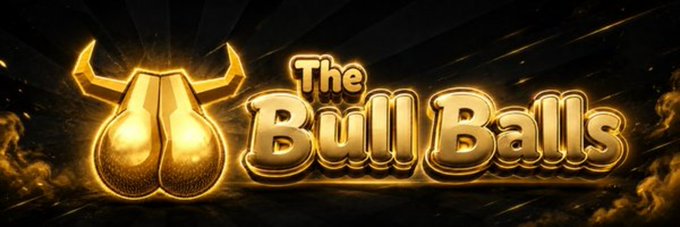 A bold banner image featuring the text "The Bull Balls" in glossy golden lettering, accompanied by an illustration of golden bull testicles with horns, promoting the Solana token $BULLBALLS on Moby. The fiery gold and black color scheme reinforces the "bullish" crypto branding theme.