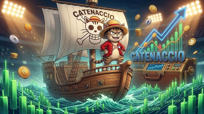 An anthropomorphic cat captain wearing a straw hat and red coat stands aboard a pirate ship bearing the "CATENACCIO" skull-and-crossbones banner, sailing through waves rendered as green crypto candlestick charts with rising gold coins and a blue upward arrow. The image visually brings the post's "set sail" call-to-action to life, framing $CATEN as the "king of memecoins" leading a crew toward massive crypto gains with diamond-hand conviction.