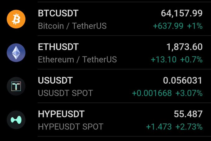 A cryptocurrency price tracker showing BTCUSDT at 64,157.99 (+1%), ETHUSDT at 1,873.60 (+0.7%), USUSDT at 0.056031 (+3.07%), and HYPEUSDT at 55.487 (+2.73%).