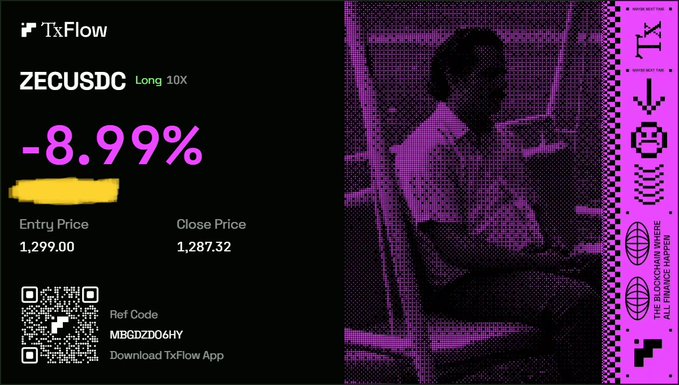A trading results graphic from TxFlow showing a "ZECUSDC Long 10X" trade with an -8.99% loss, entry price of 1,299.00, close price of 1,287.32, a QR code, and a ref code "MBGDZD06HY," next to a purple-tinted image of a person working on a laptop.