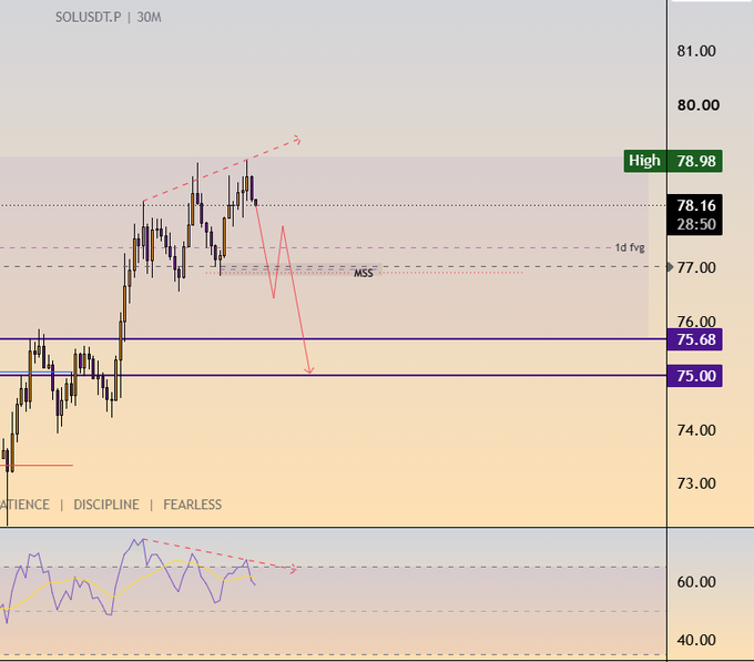 A financial chart of SOLUSDT.P on a 30-minute timeframe, showing a price high of 78.98 and key support levels at 75.68 and 75.00, with technical analysis markings including an 'MSS' (Market Structure Shift) indicator and a '1d fvg' label.