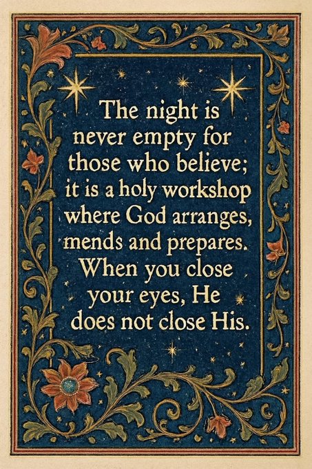 An ornate decorative card with floral borders featuring the inspirational quote: 'The night is never empty for those who believe; it is a holy workshop where God arranges, mends and prepares. When you close your eyes, He does not close His.'