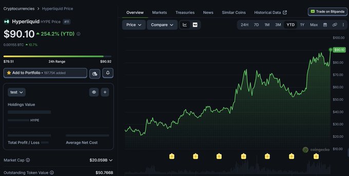 A CoinGecko price chart for Hyperliquid ($HYPE) showing the token at $90.10, up 254.2% YTD, with a year-to-date price graph that climbs steadily from around $20 to a new all-time high near $90, visually supporting the post's claim of $HYPE's exceptional 2024 performance amid broader market struggles.