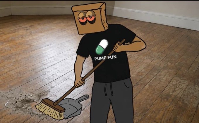A cartoon-style illustration of a figure with a paper bag over its head wearing a black 'PUMP.FUN' t-shirt, sweeping dirt on a wooden floor with a broom and dustpan.