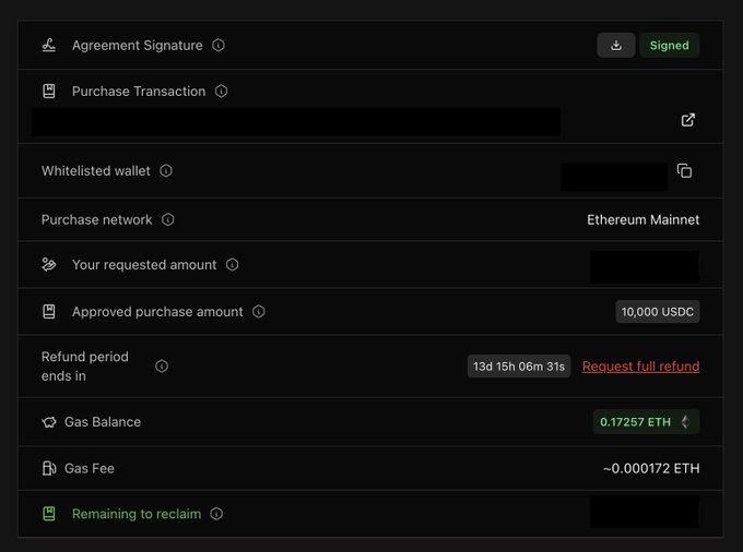 A cryptocurrency purchase transaction interface on the Ethereum Mainnet showing an approved purchase amount of 10,000 USDC, a refund period of 13d 15h 06m 31s, and a gas balance of 0.17257 ETH.