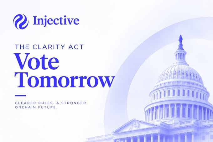 A promotional banner for 'Injective' featuring the US Capitol building and text 'THE CLARITY ACT Vote Tomorrow' with tagline 'CLEARER RULES. A STRONGER ONCHAIN FUTURE.'