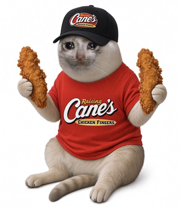 An AI-generated image of a cat wearing a black Raising Cane's cap and red 'Raising Cane's Chicken Fingers' t-shirt, holding a piece of fried chicken in each paw.