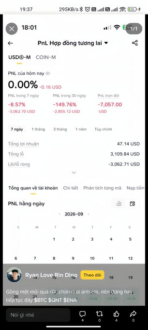 A mobile phone screenshot in Vietnamese showing cryptocurrency trading statistics on Binance with USDⓈ-M COIN-M, displaying a PNL of -8.57% over 7 days and highlighting the BTC SENT SENA trading pair.