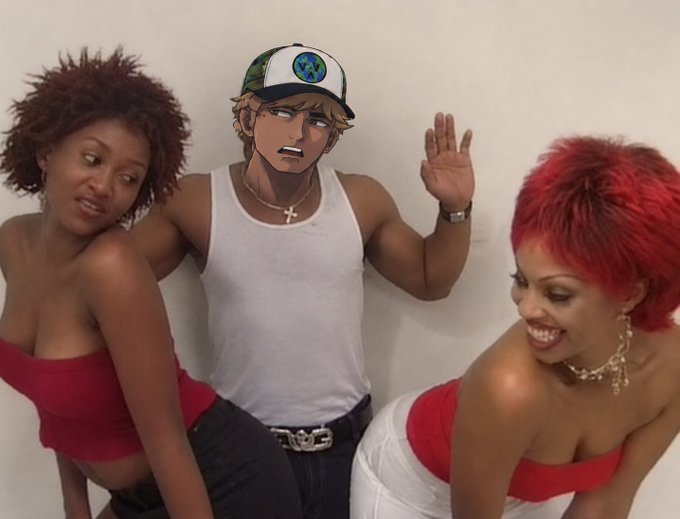 A humorous edited image shows a cartoon character wearing a 'Big L' persona (with an earth hat trucker cap) standing between two women in red and white outfits against a plain background.