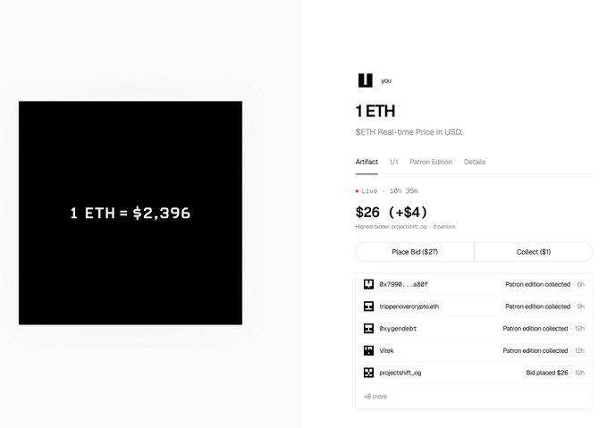 A Foundation NFT page showing '1 ETH = $2,396' alongside a Patron Edition artwork listing at $26 (+$4) with 6 patrons, showing recent bids and collections.