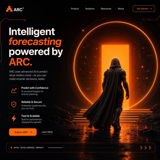 A website landing page for 'ARC' promotes 'Intelligent forecasting powered by ARC,' featuring a hooded figure walking toward a glowing orange portal, with sections highlighting 'Predict with Confidence,' 'Reliable & Secure,' and 'Fast & Scalable.'