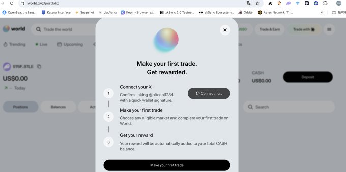 A 'World' app interface showing a promotional pop-up offering to 'Make your first trade. Get rewarded,' including instructions to connect an X account for wallet verification.