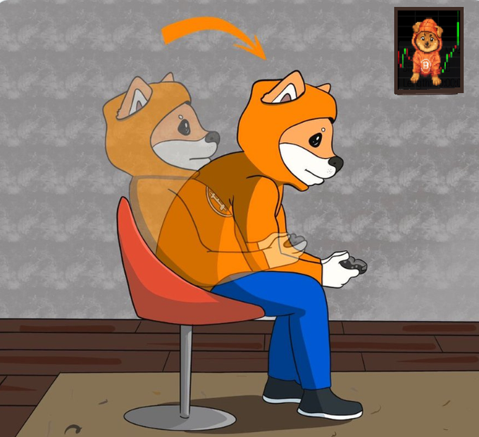 A cartoon illustration of a dog-like character wearing an orange hoodie and blue jeans, sitting on a red chair while holding a game controller, with an orange arrow pointing to a small inset image of a similar dog character in a stock chart frame.