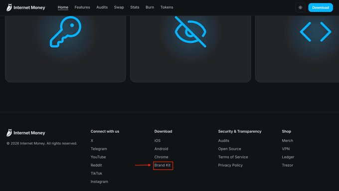 Screenshot of the Internet Money website footer showing navigation menu items (Home, Features, Audits, Swap, Stats, Burn, Tokens) with a red arrow pointing to the 'Brand Kit' link under the Download section.