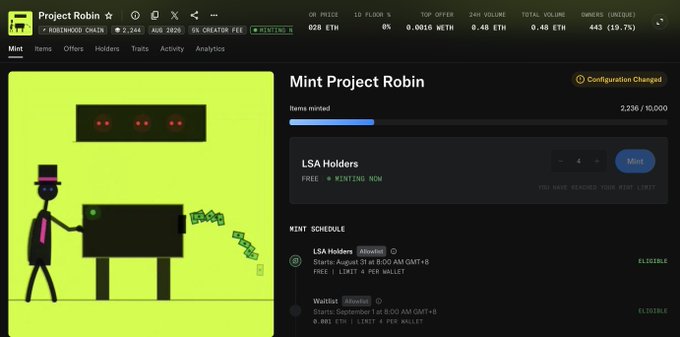 A screenshot of the "Project Robin" minting page on Robinhood, showing a minting progress bar at 2,236/10,000 NFTs minted with LSA Holders eligible for 4 free mints starting August 31. The image relates to the post by confirming the user's eligibility and allocation to mint up to 4 free NFTs from Wizard's collection.
