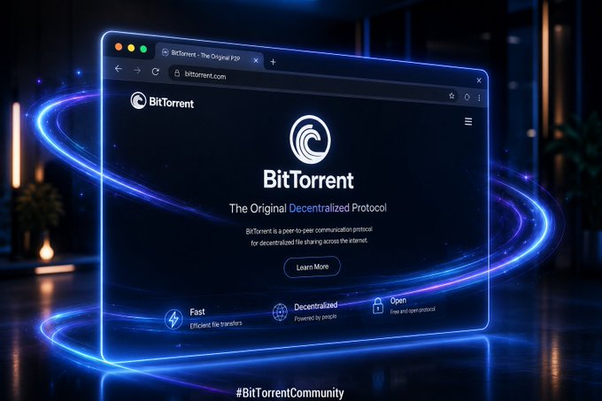 A stylized browser window displays the BitTorrent website with the text 'BitTorrent - The Original Decentralized Protocol' and 'bittorrent.com', framed by glowing blue light rings.