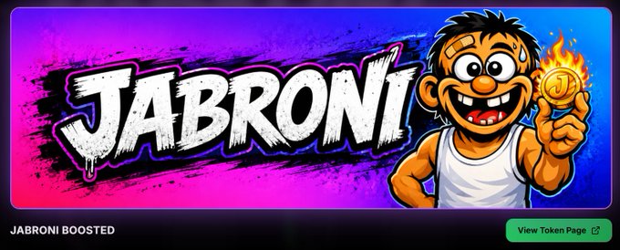 A promotional banner for 'JABRONI' featuring a cartoon character holding a flaming coin, labeled 'JABRONI BOOSTED' with a 'View Token Page' button.