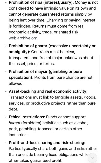 A text list outlining Islamic finance prohibitions including riba (interest/ usury), gharar (excessive uncertainty), maysir (gambling), with principles like asset-backing and profit-and-loss sharing.