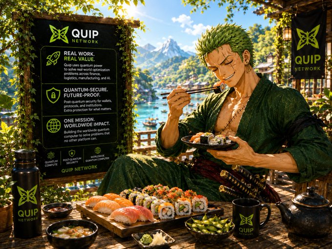 A promotional advertisement for 'QUIP NETWORK' featuring an anime-style green-haired character eating sushi, listing services like 'REAL WORK, REAL VALUE', 'QUANTUM-SECURE', and 'ONE MISSION, WORLDWIDE IMPACT'.