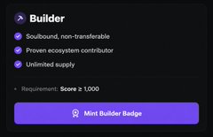 A screenshot showing a "Builder" badge with "Score ≥ 1,000" requirement, featuring a "Mint Builder Badge" button. The image relates to the SwarmBase ($SWARM) airdrop context, suggesting users earn points or scores to qualify for builder-related rewards or NFT badges within the SwarmBase ecosystem.