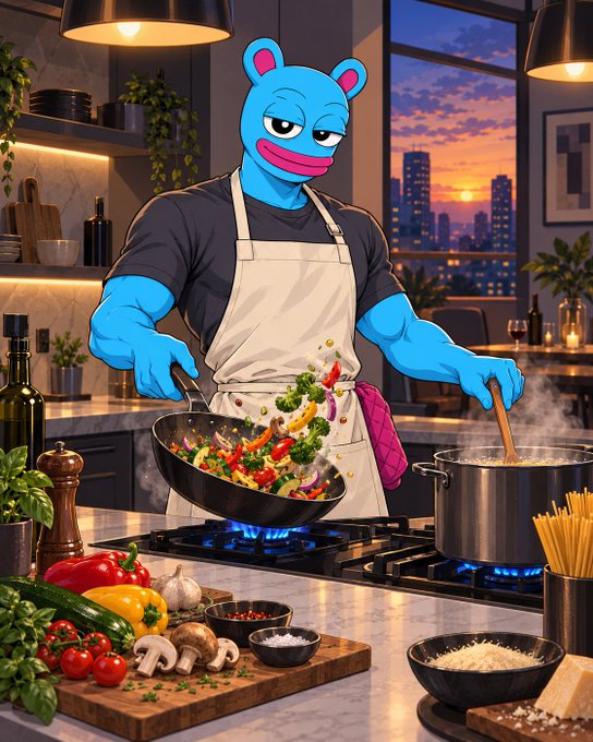 Stylized illustration of a blue cartoon character with bear ears wearing a beige apron, cooking vegetables in a wok in a modern kitchen with a sunset city view in the background.