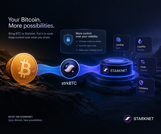 Starknet promotional graphic titled 'Your Bitcoin. More possibilities.' showing Bitcoin transforming into strkBTC on Starknet, with features including More Control Over Visibility, Lending, Liquidity, Trade, and Collateral.