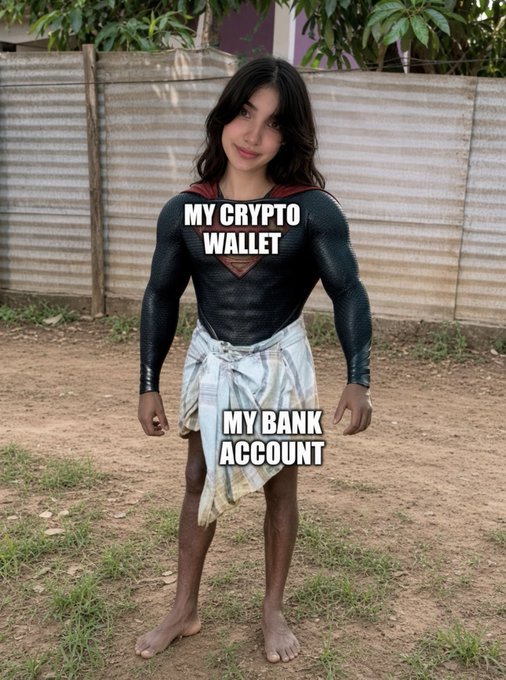 A humorous meme showing a young person in a Superman costume standing barefoot on dirt, with text overlaid labeling the muscular upper body as 'MY CRYPTO WALLET' and the thin legs as 'MY BANK ACCOUNT'.