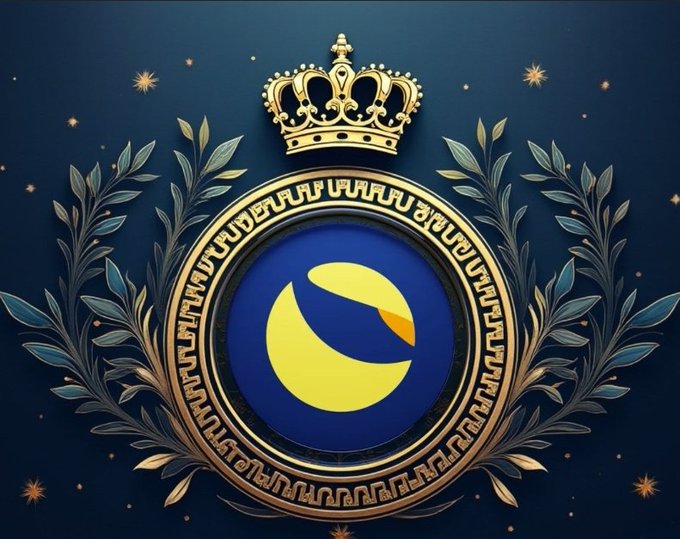There are no pieces of $LUNC visible in this image. The focus should be on the content of the image, which includes a logo with a crown design and a blue circle containing a yellow sun.