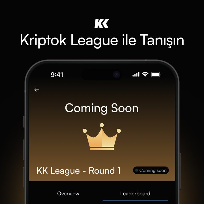 A promotional graphic with Turkish text reading "KK / Kriptok League ile Tanışın" (Meet KK / Kriptok League), displaying a smartphone mockup showing a "Coming Soon" screen with a gold crown icon for "KK League - Round 1."