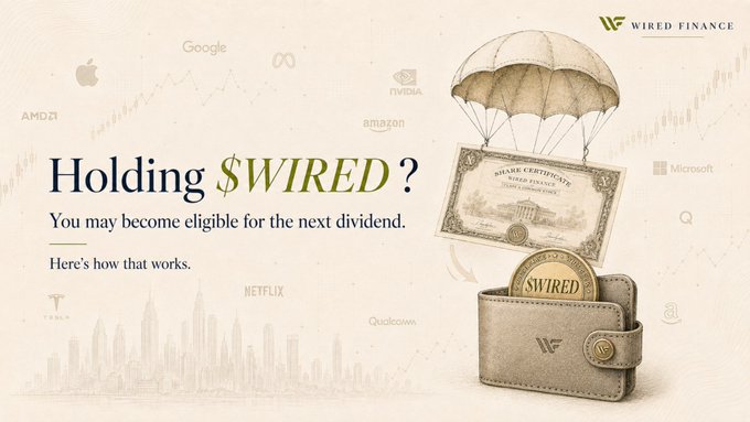 A Wired Finance promotional banner asking 'Holding $WIRED?' and informing them about eligibility for the next dividend, featuring a wallet with a $WIRED coin and stock certificate being delivered by parachute, with logos of Google, Apple, Amazon, Netflix, Microsoft, Nvidia, and others in the background.
