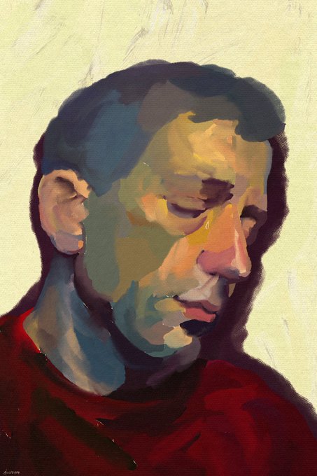 An expressive oil painting portrait of a man with dark hair looking downward, rendered with thick brushstrokes in shades of blue, yellow, and purple, wearing a red top against a pale background.