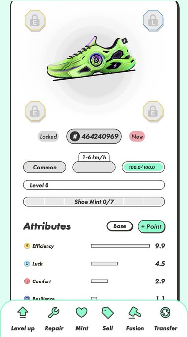 A mobile app interface displaying a green sneaker NFT or digital shoe asset with stats including 'Common' rarity, 'Level 0', and attributes like Efficiency 9.9, Luck 4.5, and Comfort 2.9, with action buttons for Level up, Repair, Mint, Sell, Fusion, and Transfer.