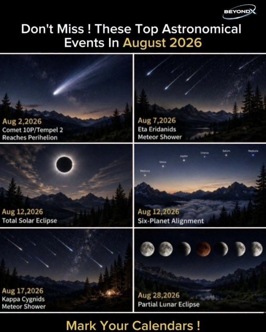 An infographic titled 'Don't Miss! These Top Astronomical Events In August 2026' by BEYOND, highlighting six events: Comet 10P/Tempel 2 reaches perihelion (Aug 2), Eta Eridanids Meteor Shower (Aug 7), Total Solar Eclipse (Aug 12), Six-Planet Alignment (Aug 12), Kappa Cygnids Meteor Shower (Aug 17), and Partial Lunar Eclipse (Aug 28).