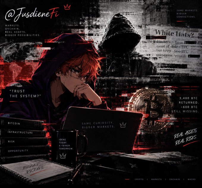 A dark, stylized digital collage with the handle '@FusdieneFi', featuring an anime character at a laptop, Bitcoin imagery, a shadowy hooded figure, and text including 'White Hats?', 'TRUST THE SYSTEM?', and 'REAL ASSETS REAL RISKS'.