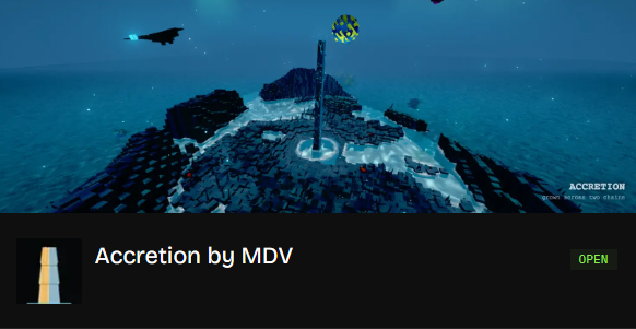A screenshot from a game showing an icy landscape with a central tower, titled 'Accretion by MDV' with an 'OPEN' status indicator.