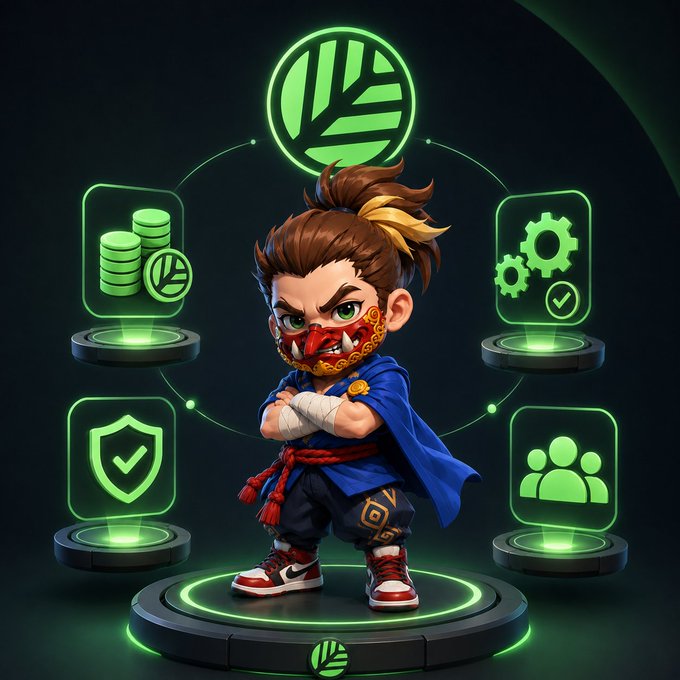 A 3D illustration of a chibi-style character with a red mask and blue martial arts outfit, surrounded by four glowing green icons representing finance, settings, security, and community.